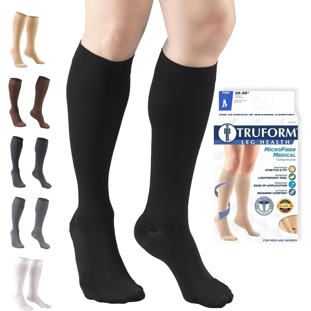 Truform 20-30 mmHg Compression Socks X-LARGE Black Knee High Length Closed Toe